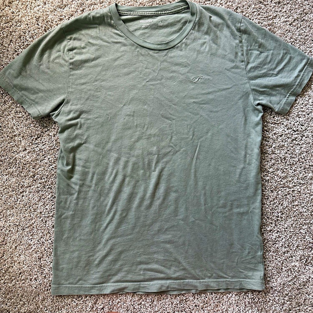 Hollister Men's Cotton Knit Logo Tee Green Solid Core Fit Crew Neck Size S a415